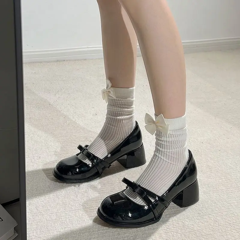 2026 New Heel Mary Janes Square Toe Square Heel Hot Sale Ladies Shoes New Solid Butterfly-knot Fashion Pumps