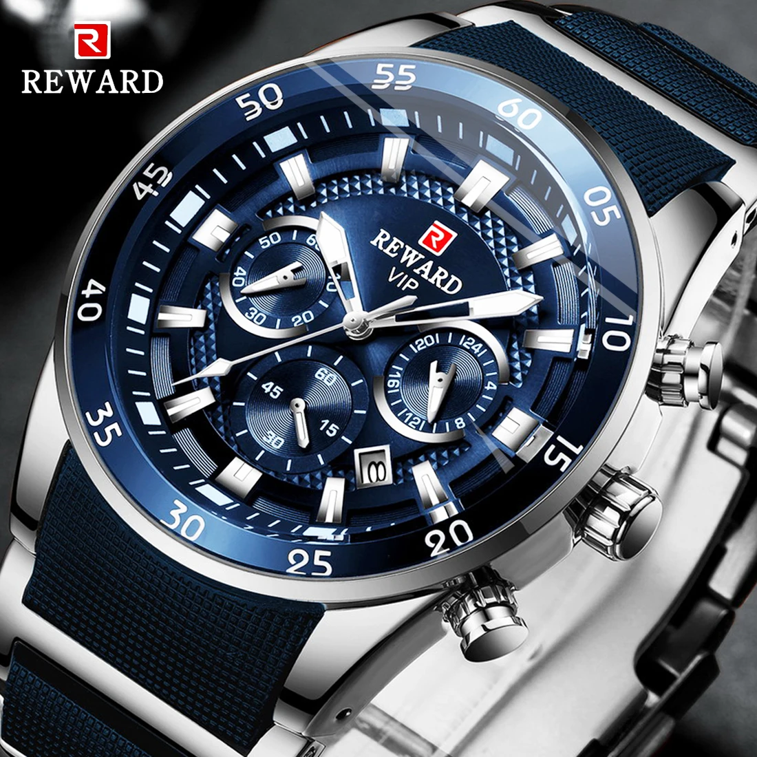 

Мужские деловые часы REWARD Blue, хронограф, силиконовый ремешок, кварцевые наручные часы, мужские спортивные водонепроницаемые часы