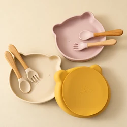 Dropshipping Silicone Baby Feeding Dishes Tableware For Kids Children Sucker Dishes Plate Toddle Training Spoon Baby Stuff