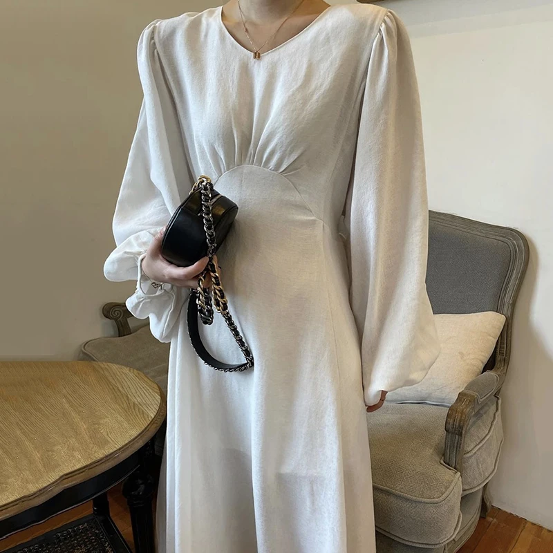 Ele Early Autumn Slimming V-Ne Belted Waist Over-Knee Long Pure Color Lantern Sve Dr Chic Commute High Waist A-Li...