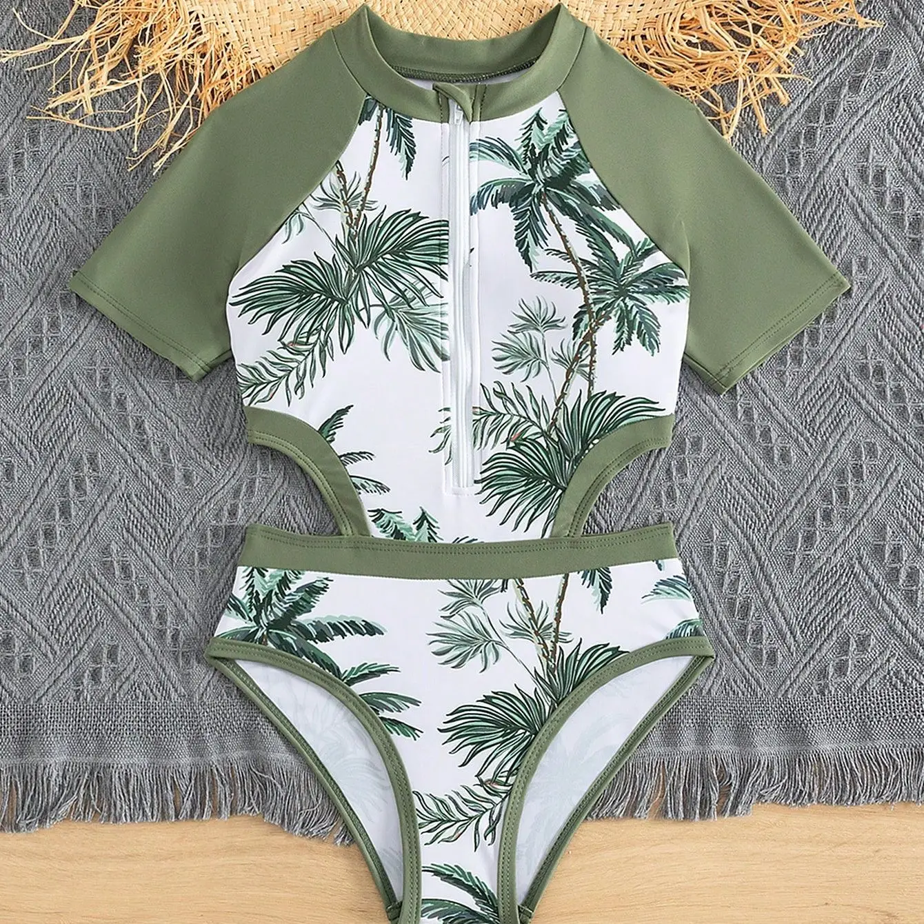 Girls Beach One Piece Swimsuit 7-12 Year Kids Swimsuits Zipper Surf Suits Children's Swimwear 2024 Palm Tree Print Bathing Suit