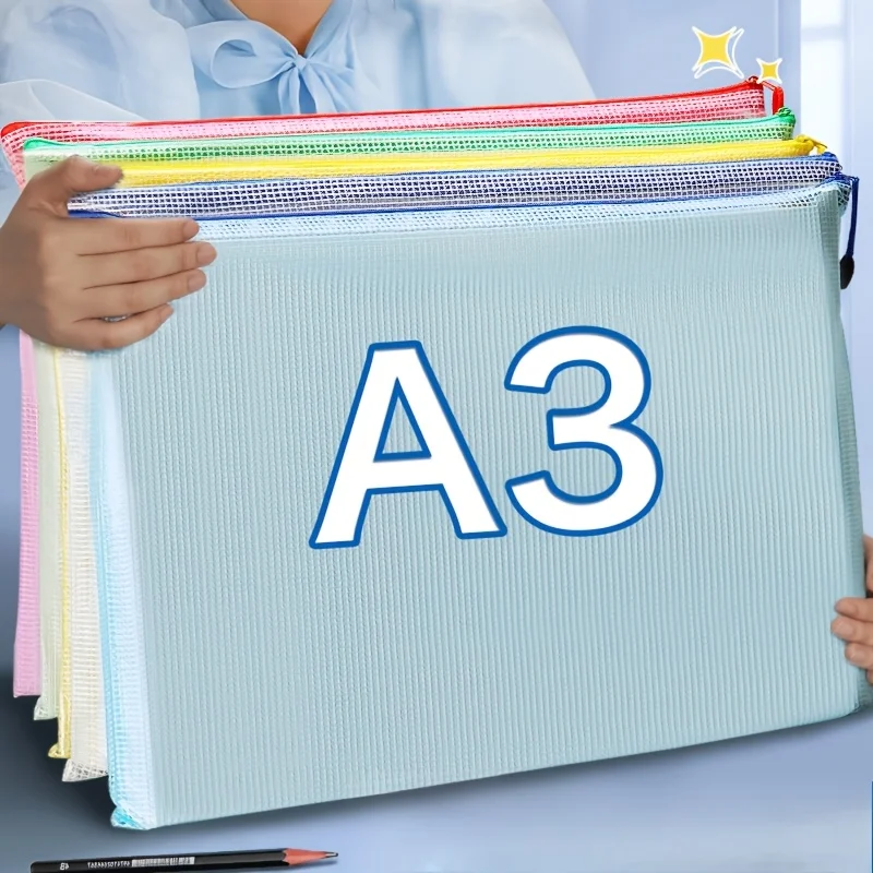 

5pcs A3/A4 Waterproof PVC Art Storage Bag with Zipper, Extra Large Capacity Data and Drawing Organizer with Color Grid Design
