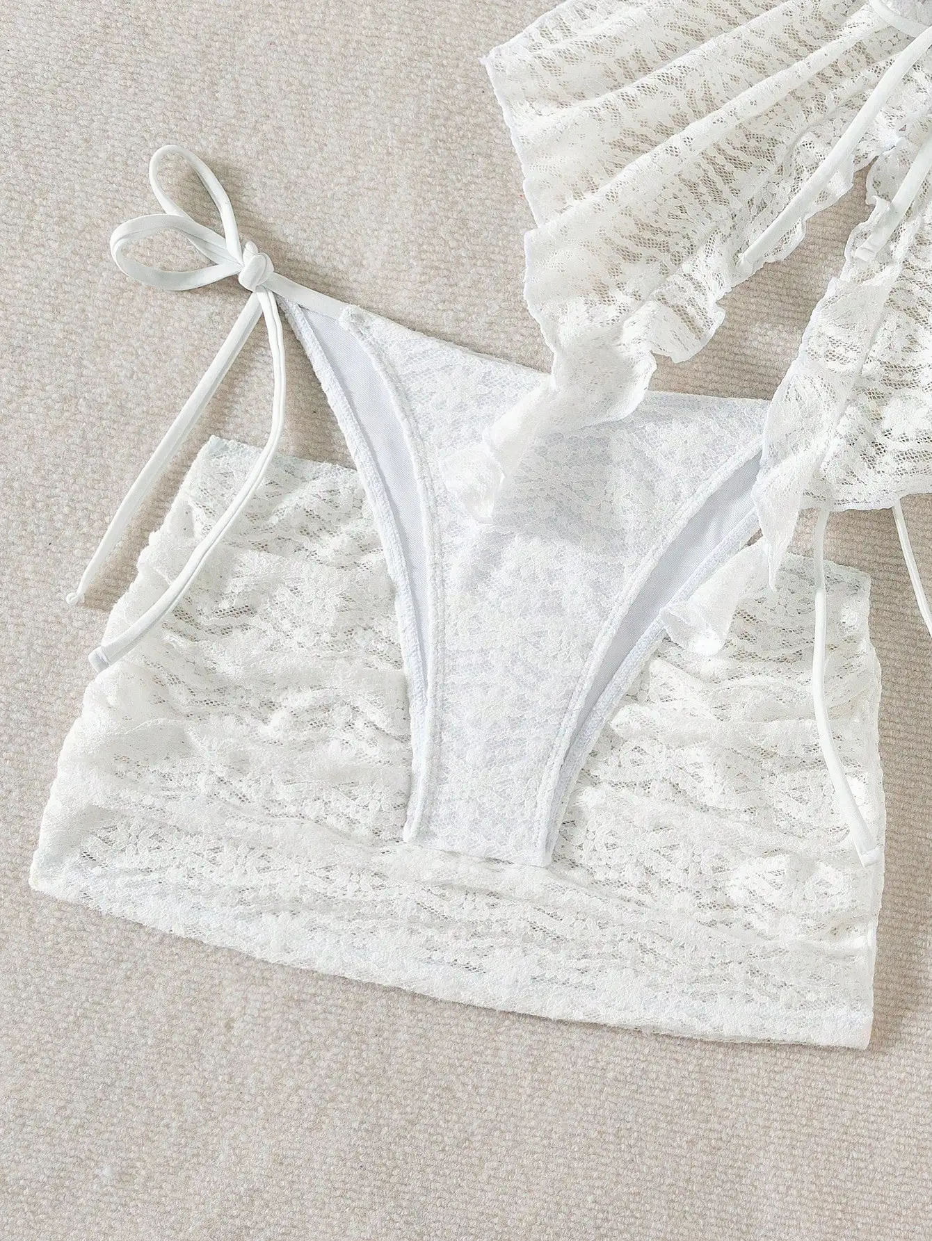 

Белый кружевной комплект купальников из 3 предметов для женщин: бикини с завязками на шее и бантом