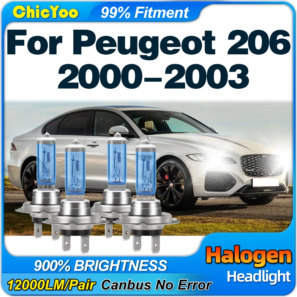 

24000LM Car Halogen Headlight Bulbs 6000K White High Low Beam Auto Lamps 12V Plug And Play For Peugeot 206 2000 2001 2002 2003