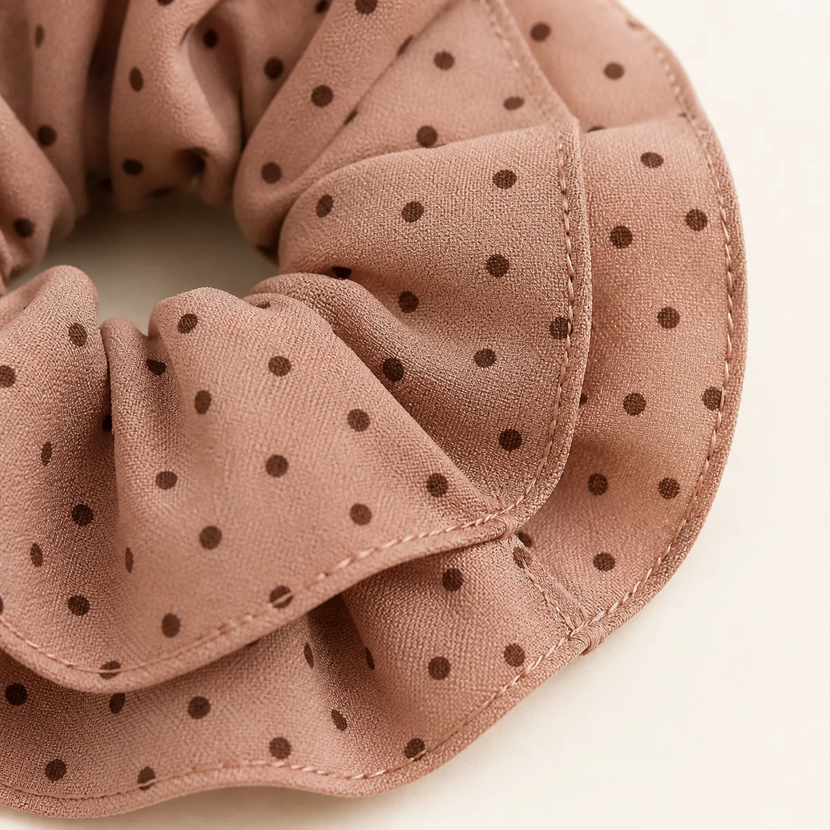 Dusty Rose Beige Dark Brown Polka Dot Ruffled Double-Layer Hair Scrunchie for Ponytails and Buns 4