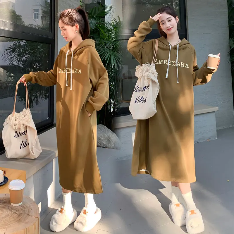 9013# 2023 Autumn Winter Dense Thick Warm Fleece Inside Maternity Hoodies Dress Casual Oversize Loose Clothes for Pregnant Women