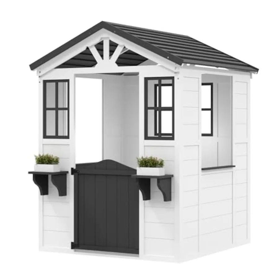 Outdoor toddler playhouse for kids with cedar wood construction, natural color, durable vinyl roof and integrated play kitchen