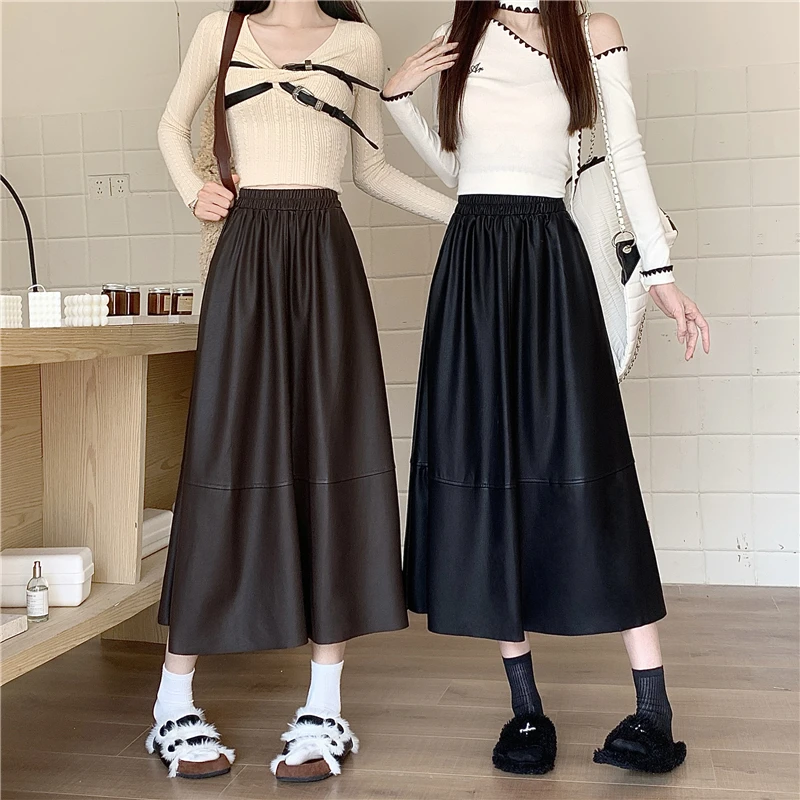 Hot Sale Women's High-Waist PU Leather Skirt A-Line Midi Skirt Loose Fit Autumn Winter Full Flounce Design Trendy Fashion