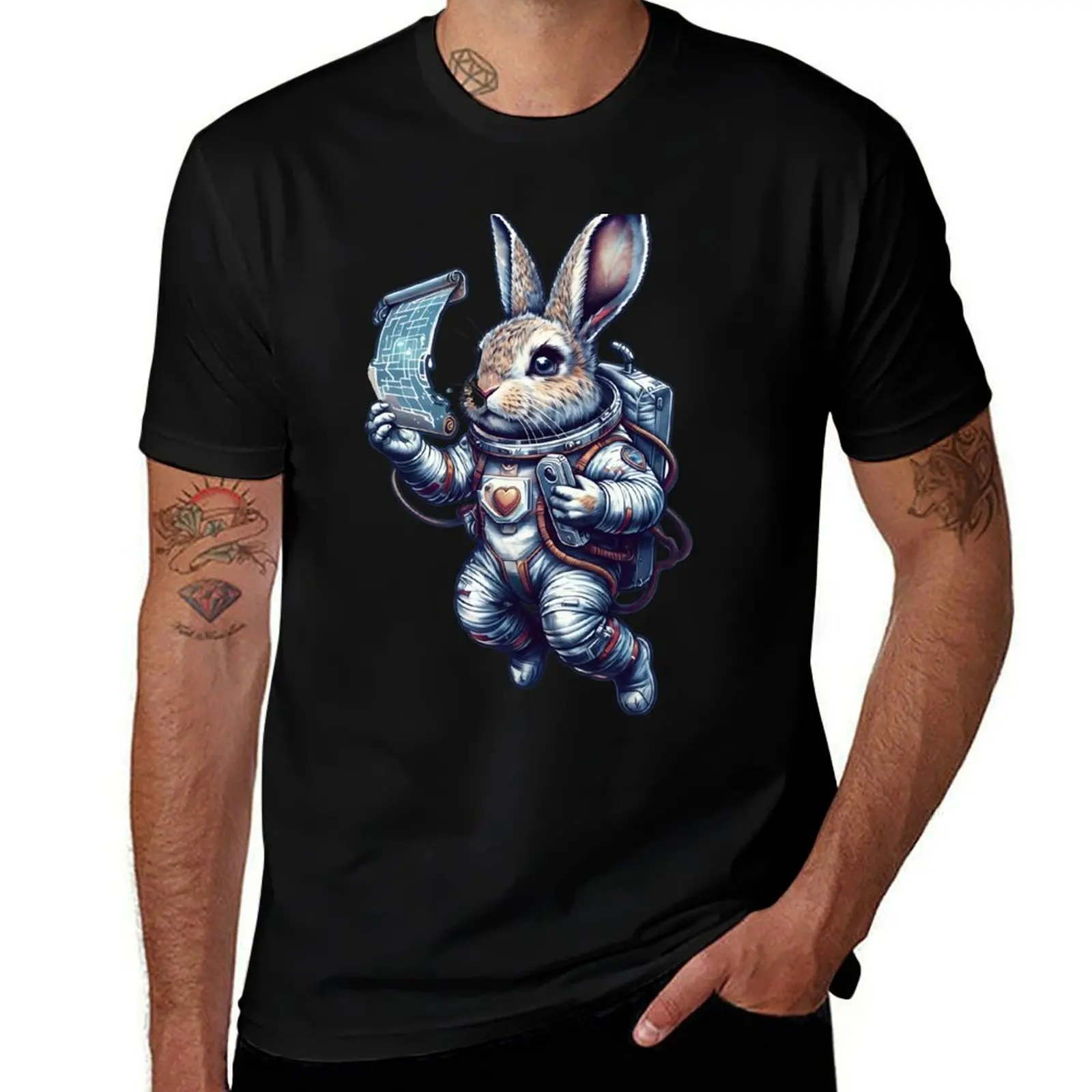 

Astronaut White Rabbit Messenger in Space with Hologram Scroll & Heart Patches T-Shirt cotton graphic tees men graphic t shirts