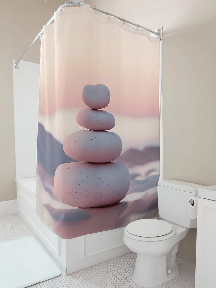 Stylish Spa Bathroom Decor with Peaceful Stone Stack Print Water Resistant Shower Curtain for Relaxation Tranquility Easy-Clean