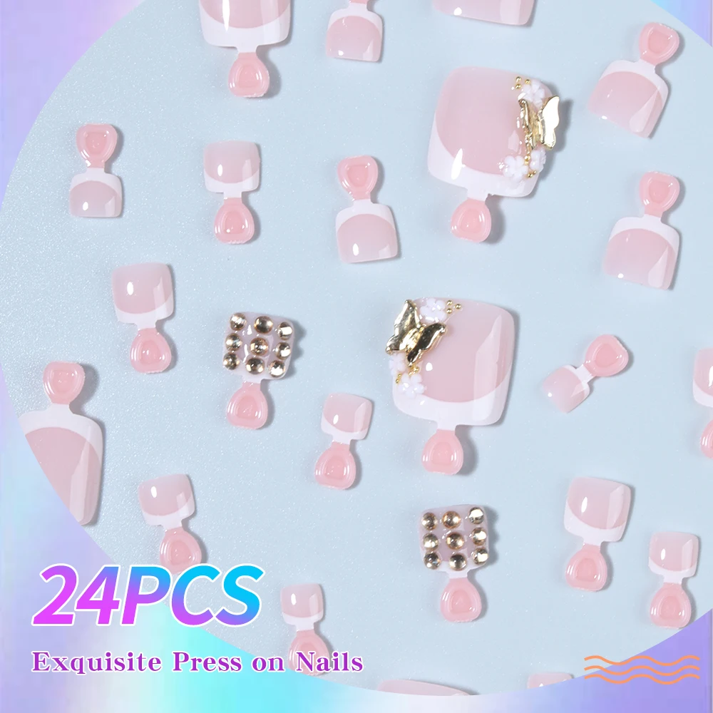 24 szt. Kwadratowe paznokcie sztuczne z motywem motyla i cyrkoniami, naklejane na paznokcie u stóp, krótkie, idealnie dopasowane, akrylowe paznokcie sztuczne.