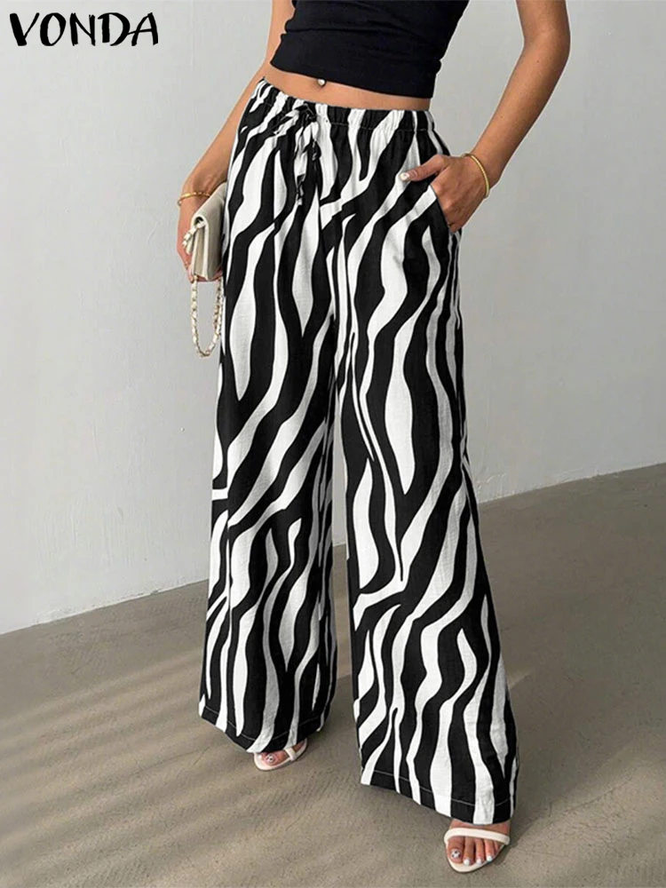 VONDA Pantaloni a gamba larga da donna Pantaloni stampati a righe moda Pantaloni lunghi larghi casual 2025 Pantaloni estivi femminili in vita elastica