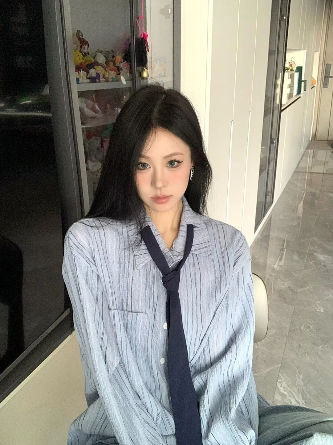 

Fashionable Blue Striped Long Sleeve Shirt Women's Casual Spring New Style Japanese Style Slimming Top Trendy Commute Style P...