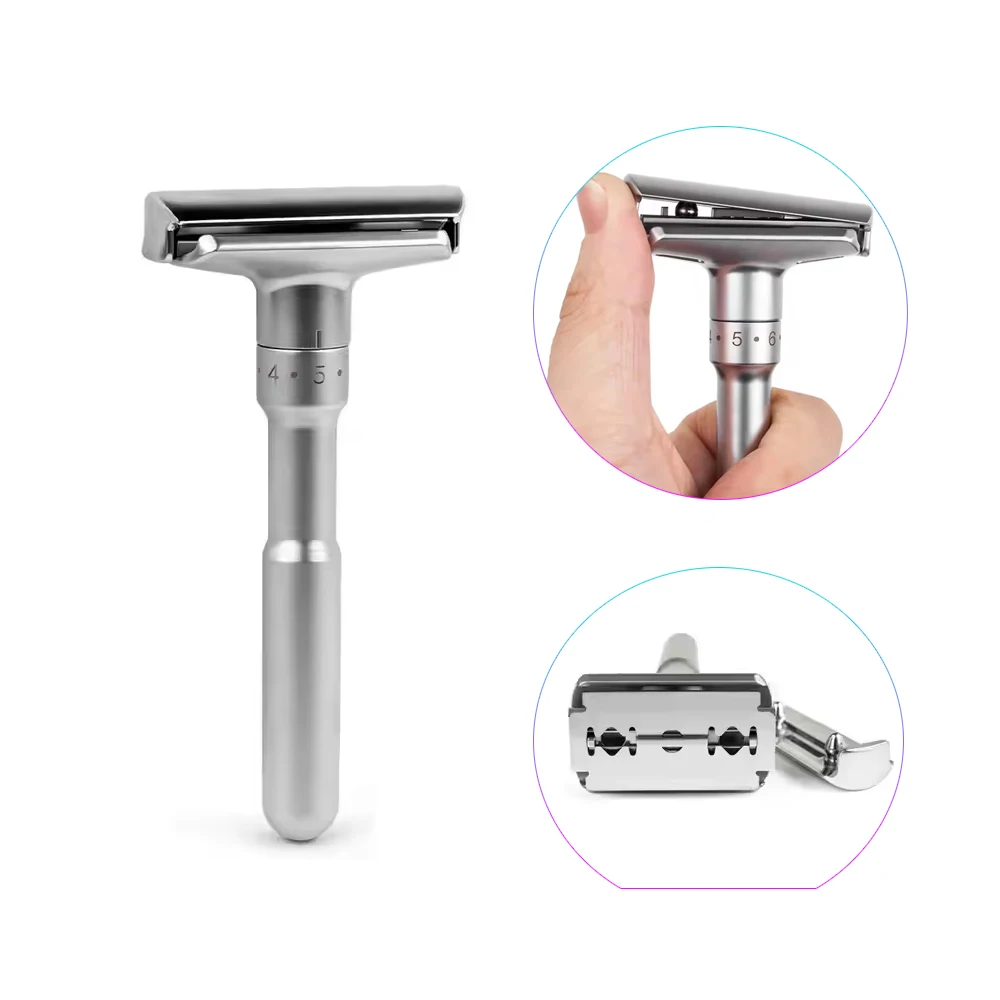 Adjustable Safety Razor for Men, 1-5 Settings Double Edge Wet Shaving Razor, Black Matte Metal Handle, Reusable Eco-Friendly Man