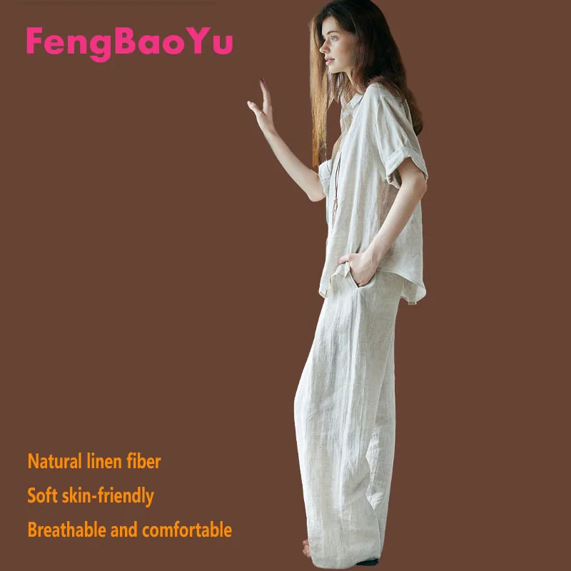

Комплект Feng Baoyu из 100% натурального льна для женщин: рубашка с коротким рукавом и длинные брюки. Идеально для летнего отдыха на природе, комфортный и прохладный.