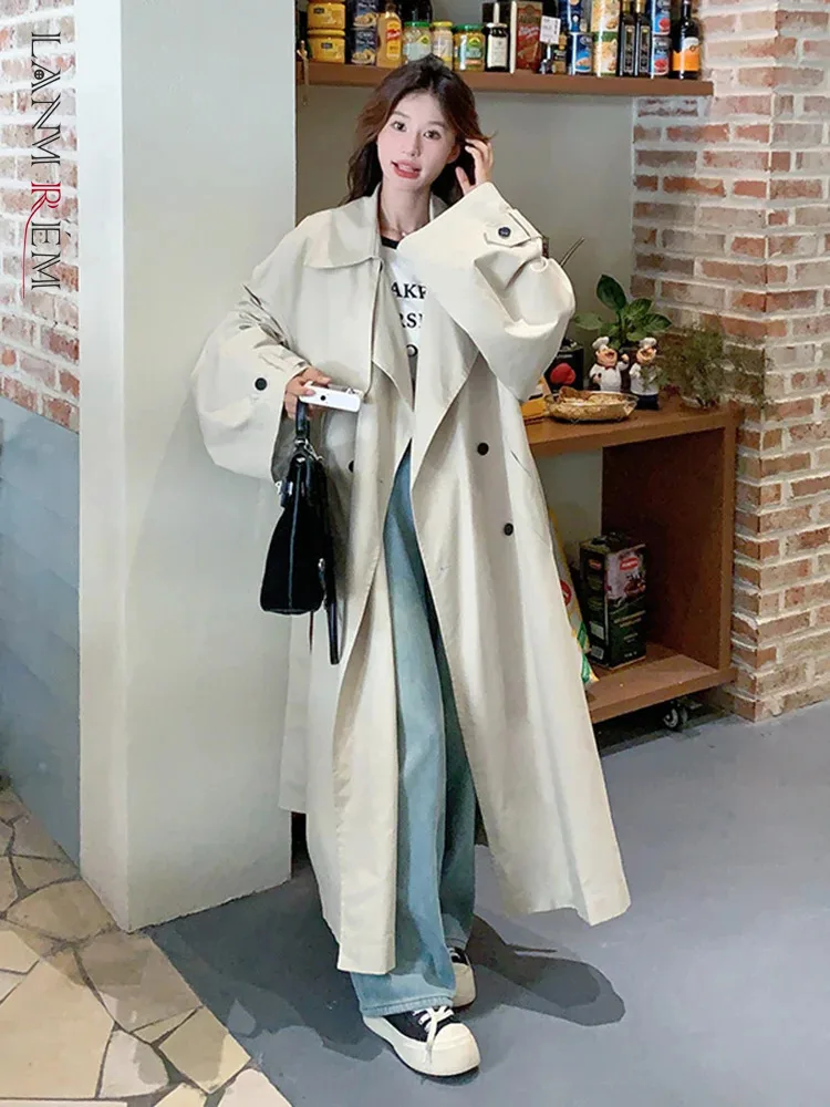 LANMREM 2024 Autumn New Double Breasted Long Windbreaker Jacket Big Sleeves Loose Casual Style Female Coats With Belt 2DA8987