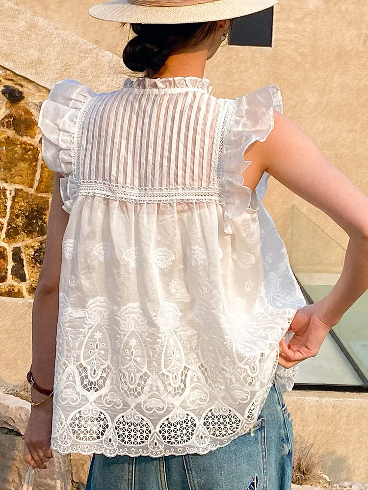 JHJN Hollow Out Lace Crochet Ear Fungus Edge Stand Collar Tencel Shirt Französische Damenbekleidung Socialite Style Ärmelloses Top