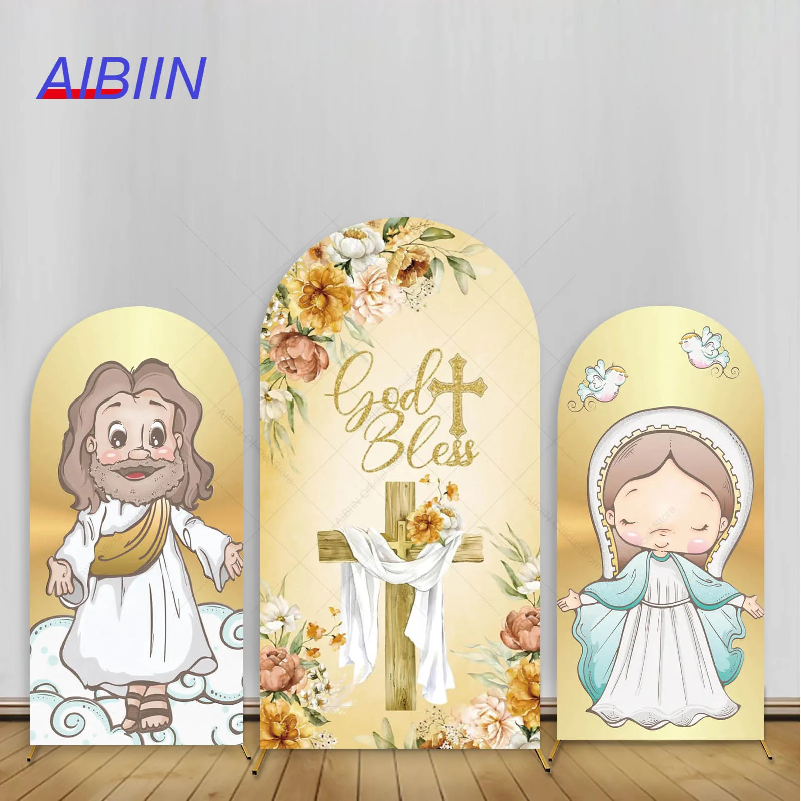 

Baptism Arch Backdrop Cover God Bless Cross Jesus The Virgin Mary Kids First Holy Communion Party Decor Christening Background