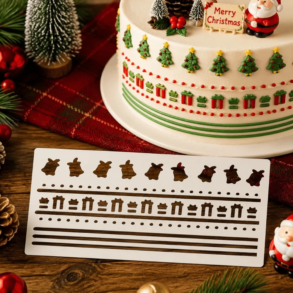 PET Hollow Christmas Bell Gift Box Border Cake Stencil, Food‑Grade Template For Frosting Festival Cake Decoration