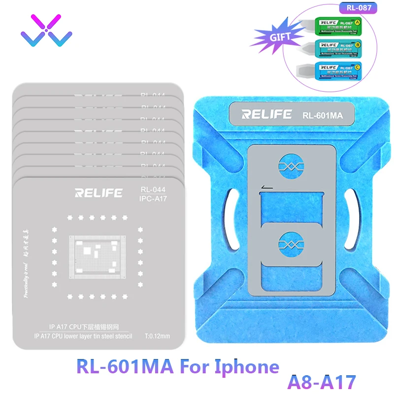 

RELIFE RL-601MA 10 in 1 Universal CPU Reballing Stencil Platform For A8-A17 IP6~15 Pro Max IC Chip Planting Tin Template Fixture