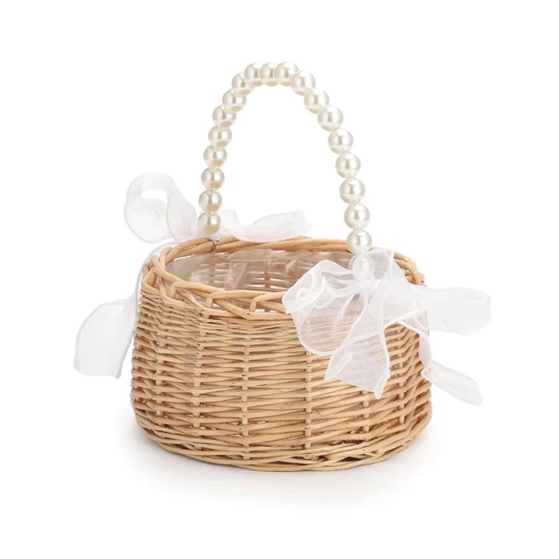 New Wicker Flower Girl Basket For Weddings, Rattan Flower Basket Handmade Flower Girl Basket With Handle And Ribbon