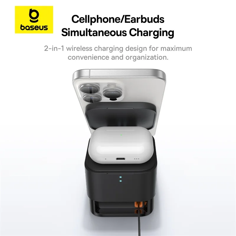 Baseus 2 in 1 Cube Magnetic Wireless Charger Macsafe Portable Fast Charging With Retractable Cable For iPhone 15 14 Pro Airpods