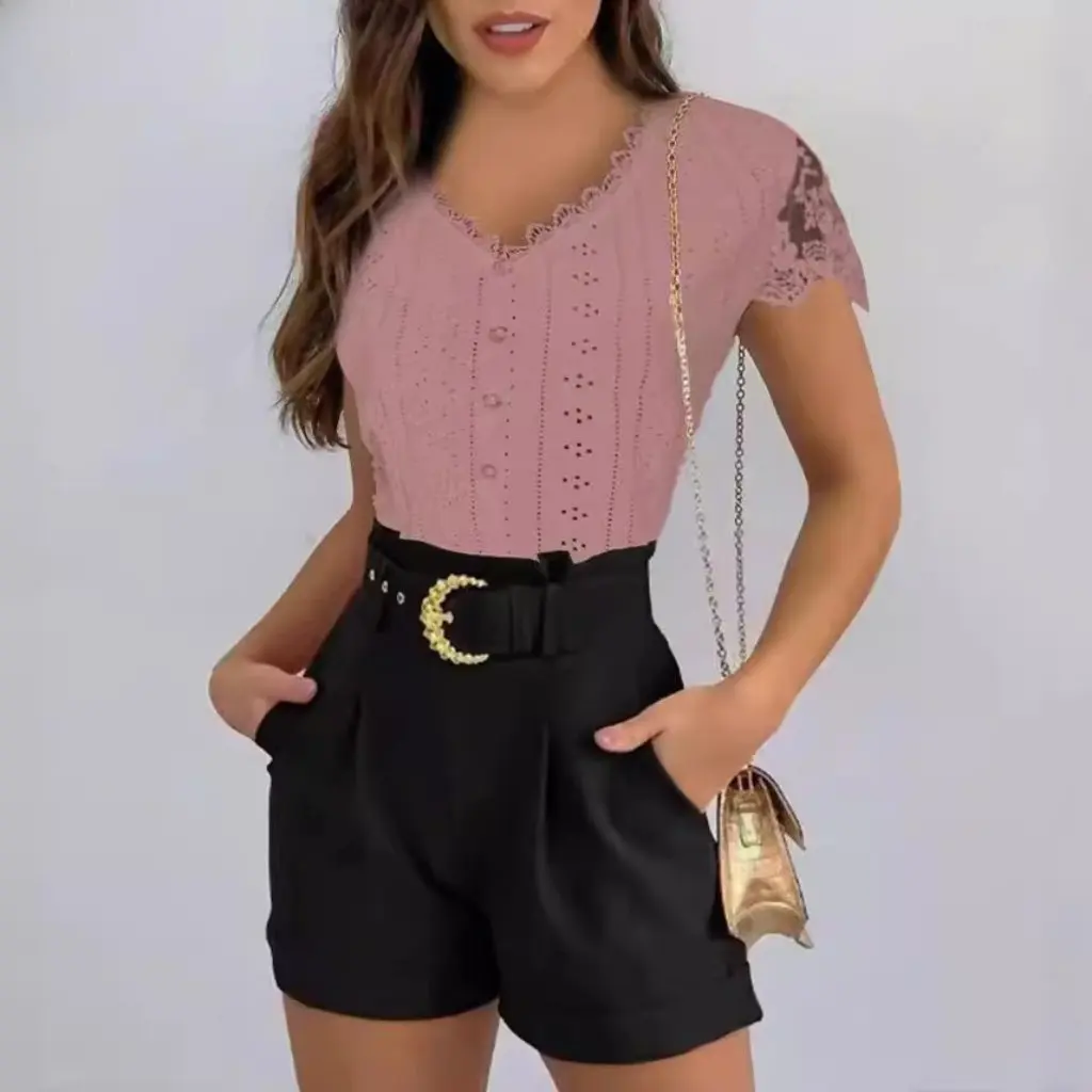 Wish Solid Color Lace V-Neck Short Sleeve T-Shirt European American Fashion Top for Women