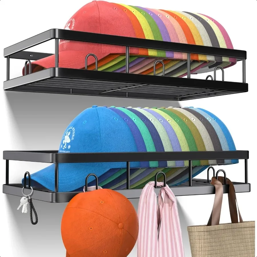 

2 Packs Metal Hat Rack for WallHolder with Multiple Hooks Organizer for up to 40 Baseball Caps Sturdy Wall Drilled Rack Storage