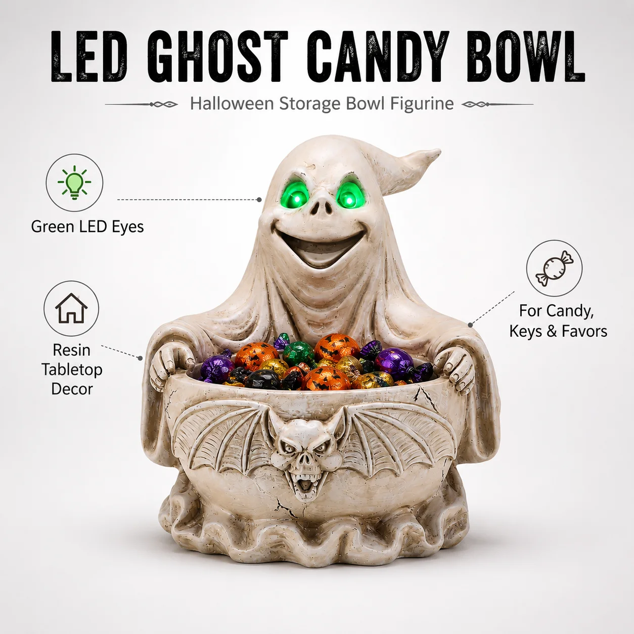 Halloween Ghost Candy Bowl LED Light Up Spooky Candy Dish Resin Tabletop Decoration Treat Holder for Halloween Party Home Decor