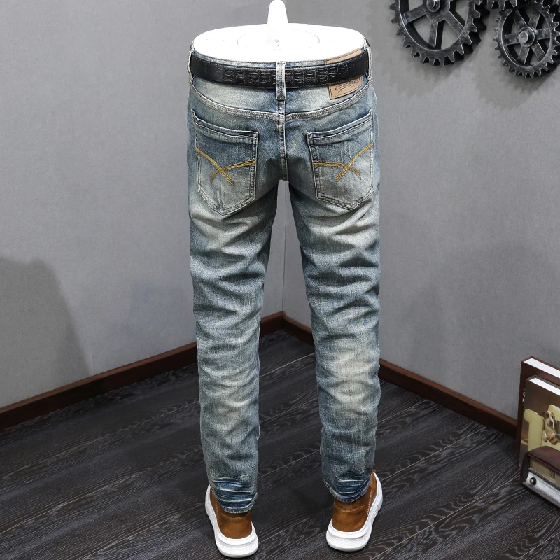 Fashion Designer Men Jeans High Quality Retro Washed Blue Stretch Slim Fit Ripped Jeans Men Patched Vintage Denim Pants Hombre