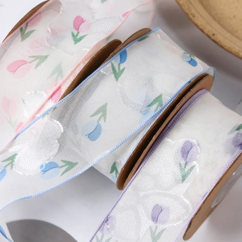 Tulip Printing Chiffon Jacquard Ribbon Diy Bow Hair Accessories Flower Cake Gift Packaging Pet Supplies 25mm 40mm