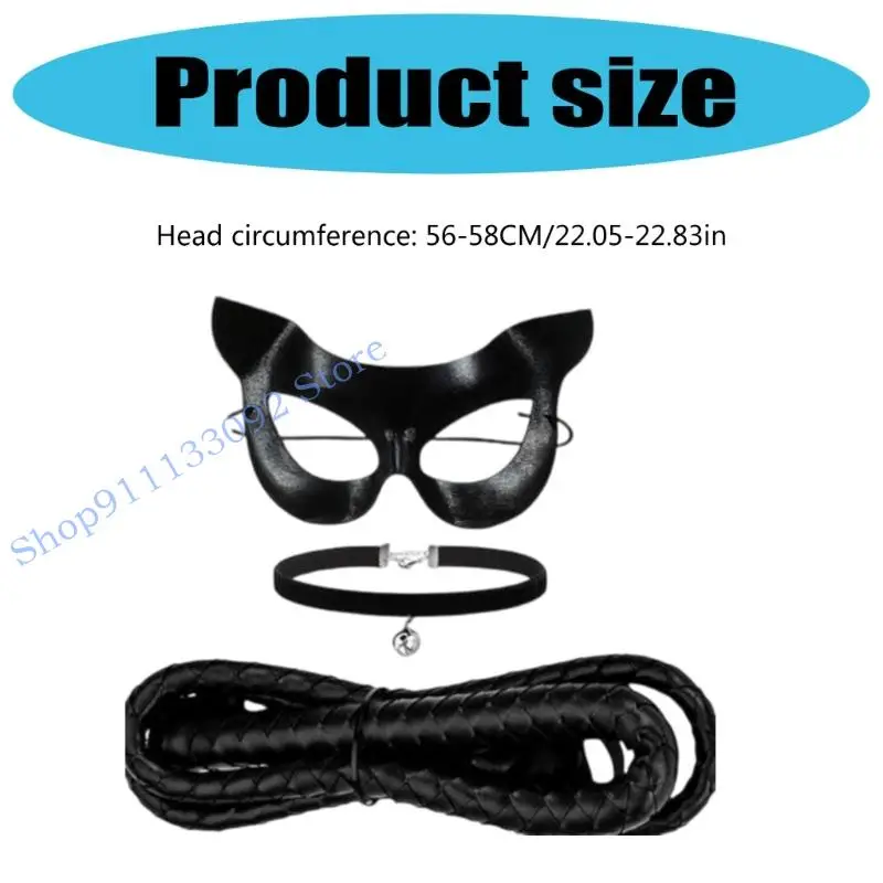 مجموعة قناع الوجه للقطط من H9ED، مجموعة سوط بياقة أجراس، إكسسوارات أزياء القطط السوداء للنساء #6