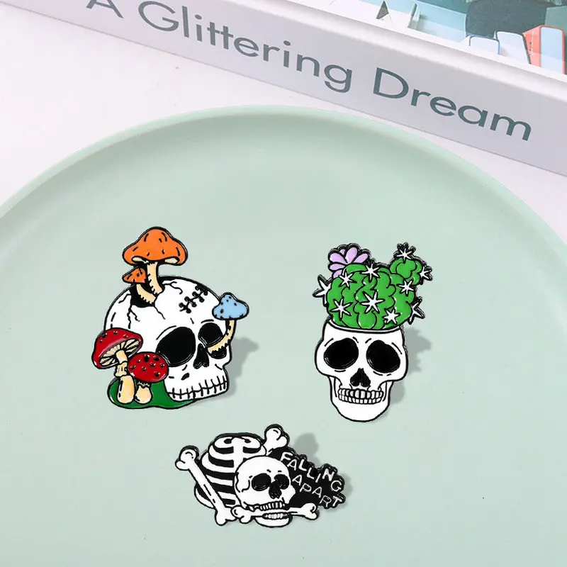 Dead Lonely Skeleton Enamel Pin Custom Cactus Mushroom Candles Brooches Bag Lapel Pin Punk Dark Gothic Badge Jewelry for Friends