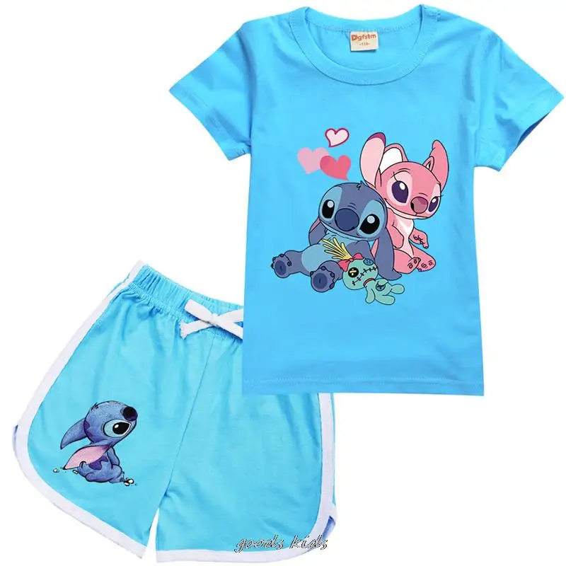 Lilo And Stitch t-shirt per bambini estate nuovi bambini abbigliamento per ragazze di cotone pantaloni a maniche corte per bambini vestito a due