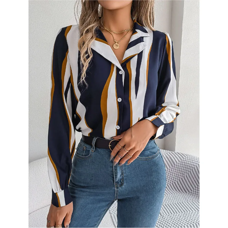 

Women's Top Autumn and Winter New Fashion Splice Button Suit Collar Long Sleeve Temperament Versatile Commuting Stripe Shirt