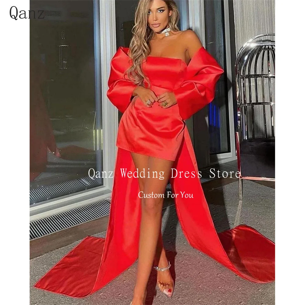 Qanz Modern Red Satin Prom Dresses Bow Shawl 2 Pieces Strapless Short Birthday Dress Women Party Cocktail Dress Customized