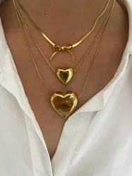 Peri'sbox Trendy Stainless Steel Thin Chain Heart Pendant Necklace for Women Gold Color Bowknot Snake Chain Free Tarnish Jewelry