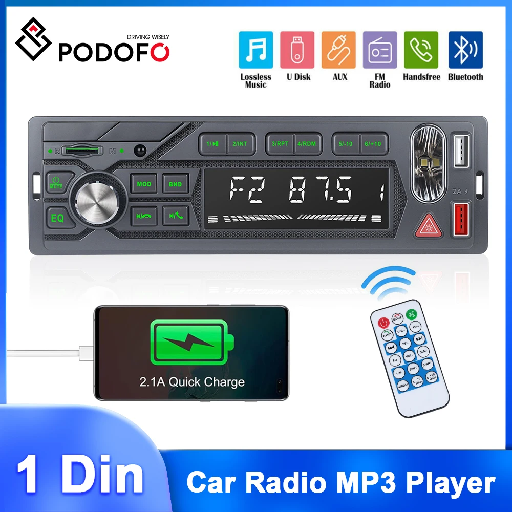 

Podofo 1DIN In-Dash Car Radio MP3 Player Emergency Light Car Audio Bluetooth USB Charging RCA Audio FM Radio Support TF Card