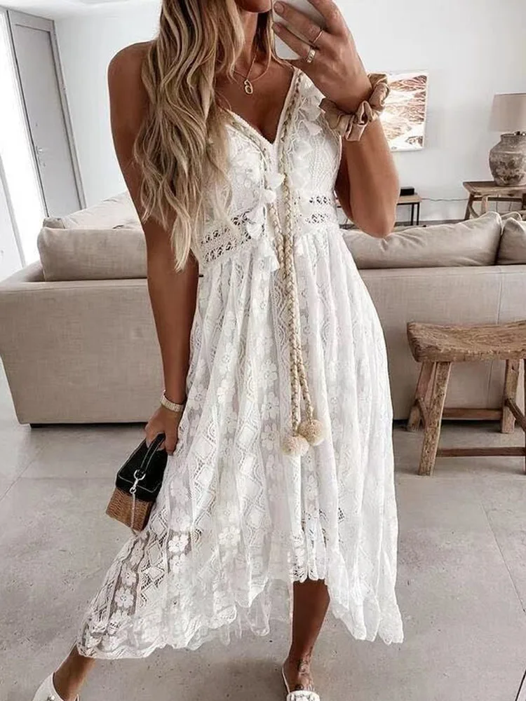 Thanh Lịch Mùa Hè Áo Ren Ngày Lễ Cổ V Spaghetti Dây Sundress Boho Đầm Maxi Trắng Cho Nữ Vestidos De Mujer 22194