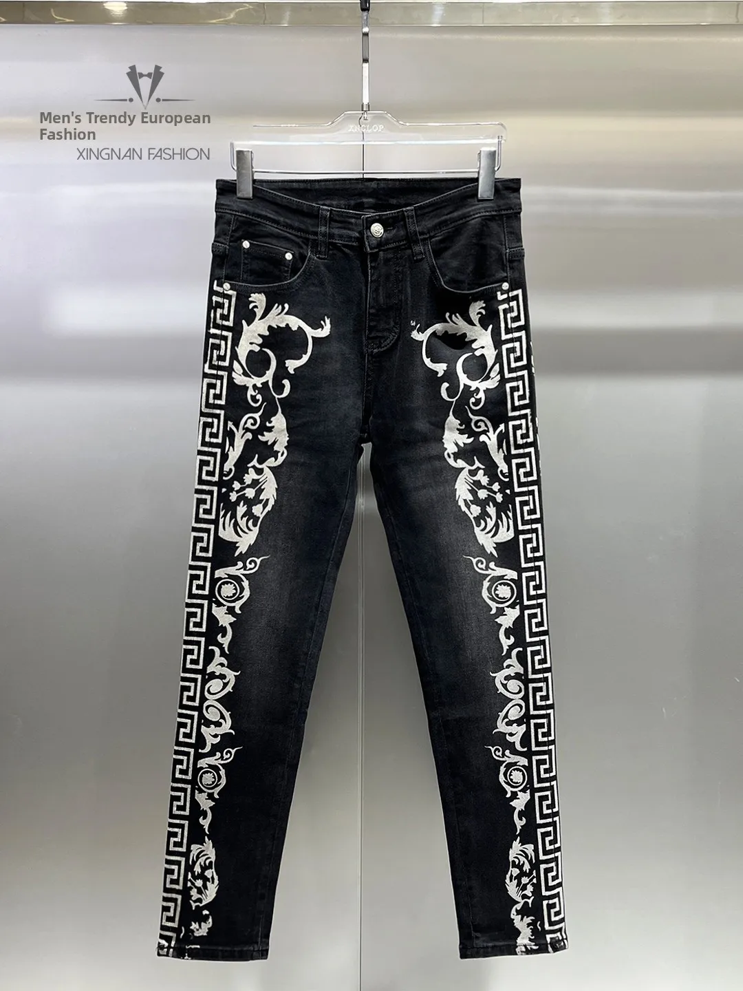 

Men's Slim Fit Floral Print Jeans Winter Casual mid Waist Zipper Closure Comfortable Stretch Denim Pants Youth ular Sle