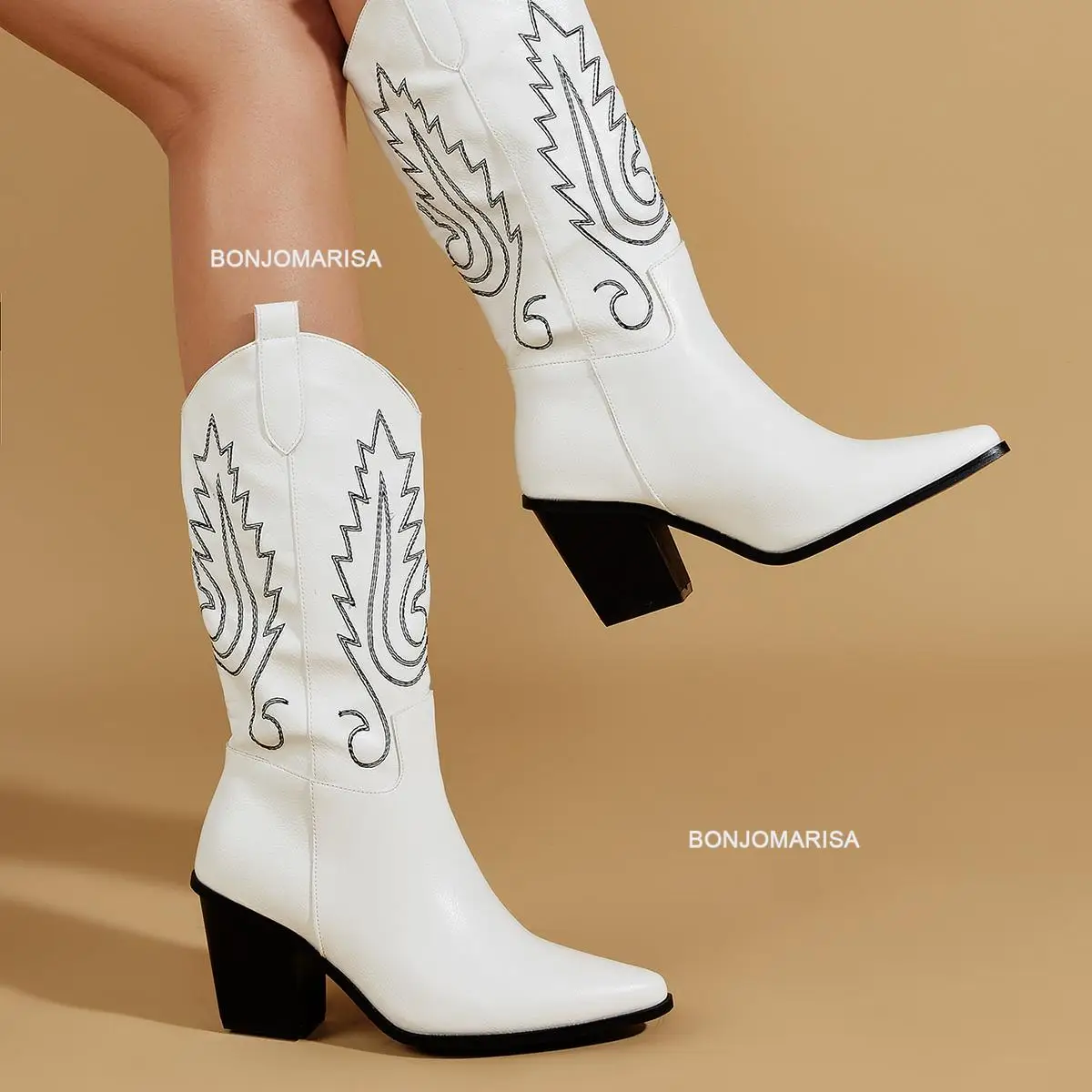 Embroidery Boots Women Fashion Slip On Pure White Western Boots Cowboy Cowgirls Vintage Shoes 2023 Brand New Pointed Toe