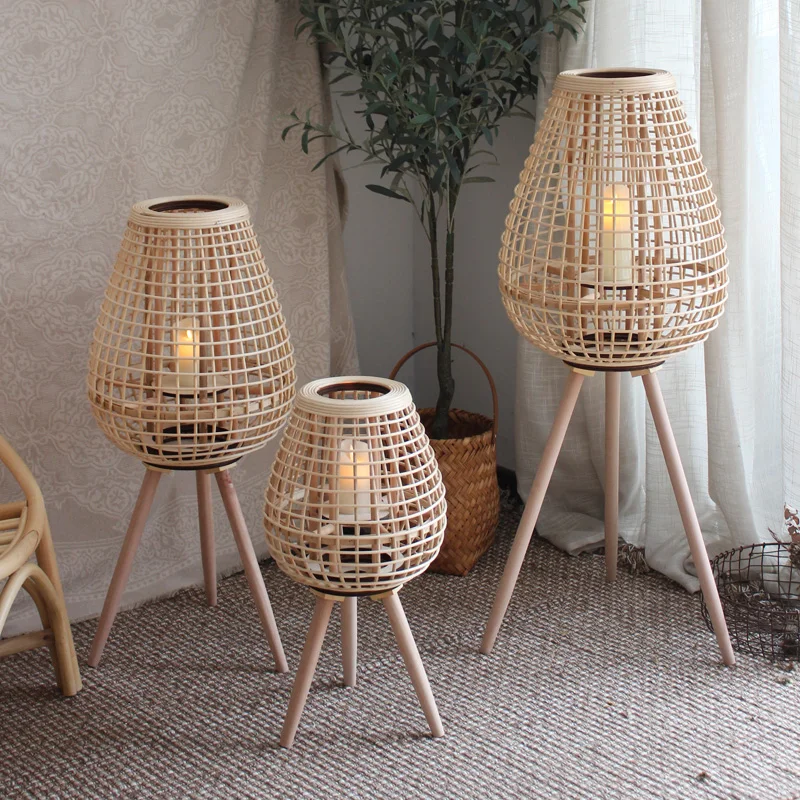 Vine Weaving Floor Mounted Wind Lamp with Leg Candlestick Homestay Model Room Courtyard Decoration Lantern Plug in Nordic Japane