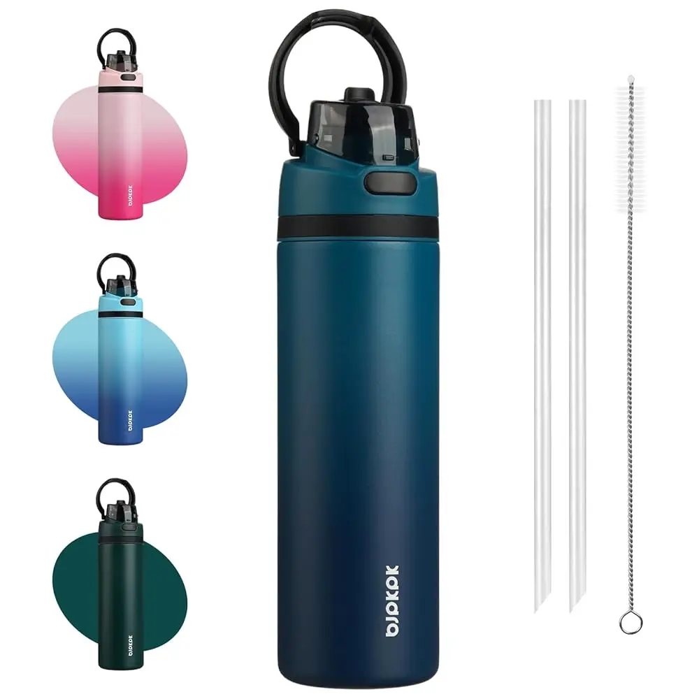

25oz Insulated Water Bottle with 2-1 Straw Spout Lid, Stainless Steel Metal Water Bottles with Carry Handle, BPA Free, Leak-
