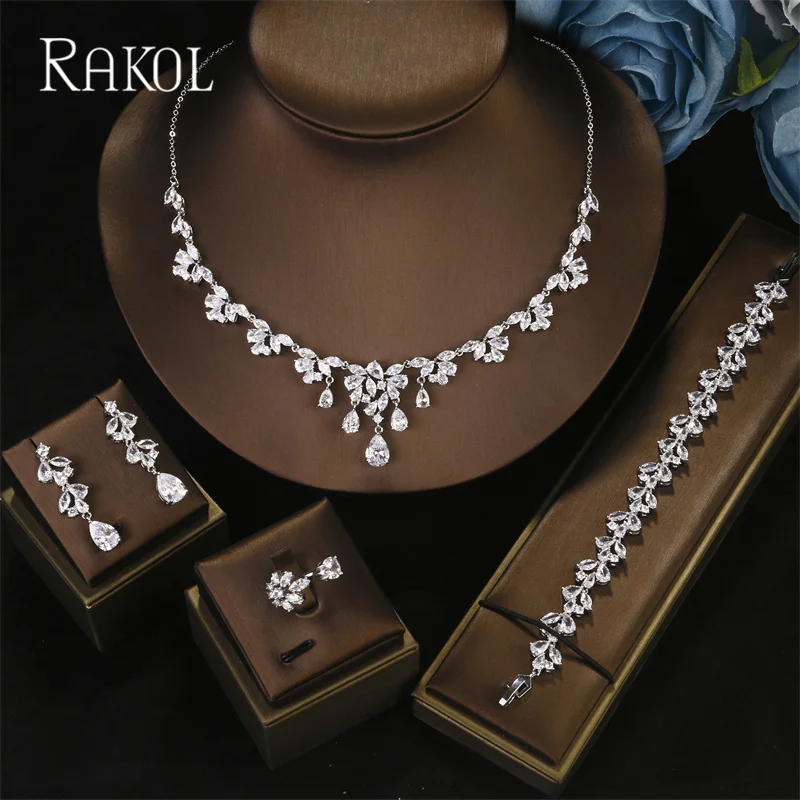 

RAKOL Luxury Flower Zircon Wedding Jewelry Sets for Women Shinny Water Drop Pendant Necklace Earing Bracelet Ring Bridal Set