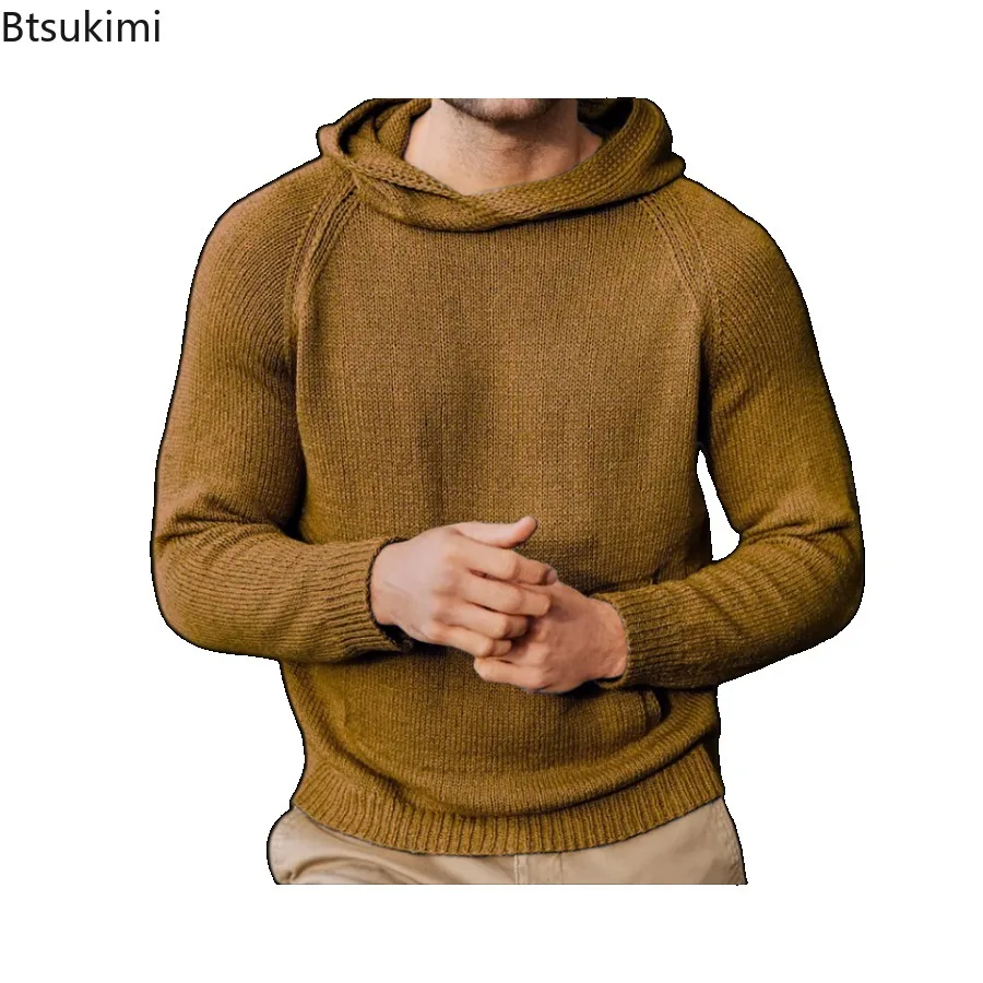 2024 Men's Solid Knitted Sweater Shirts Autumn Winter Long Sleeve Jumper Pullovers Men Clothing Hooded Knitted Sweater Tops Male