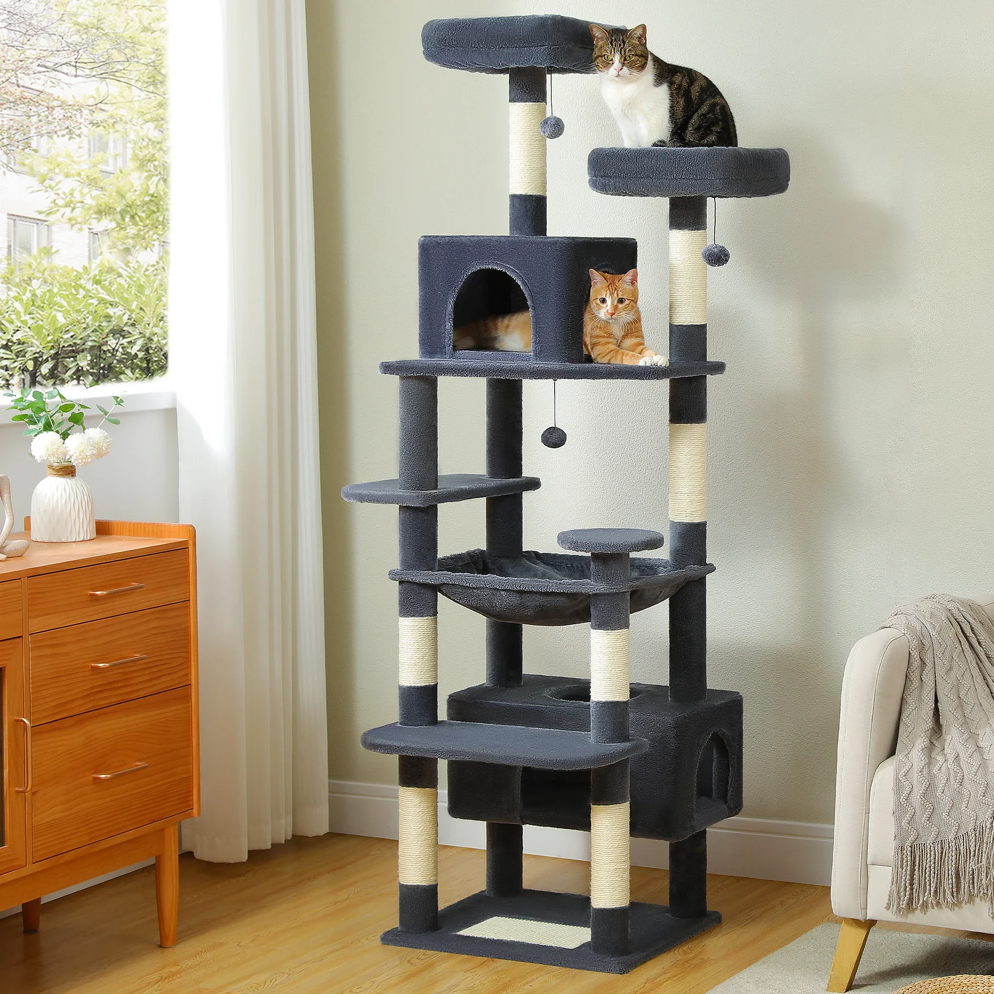 

Large Cat Tree Tower for Indoor Cats With Sisal-Covered Scratching Posts Spacious Hammock Padded Perches and Condos Dark Grey