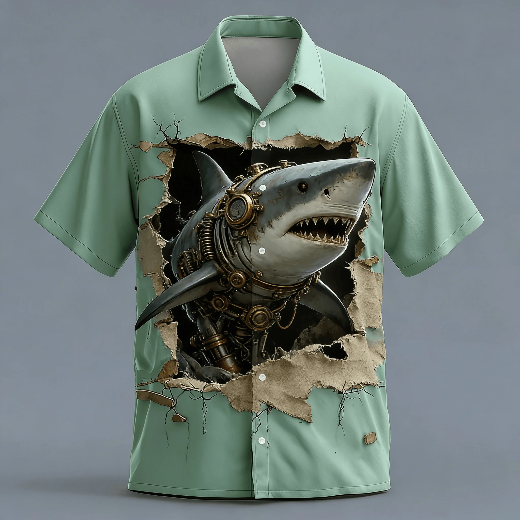 

Men's Steampunk Shark 3D Print Short Sleeve Shirt, Mechanical Predator Breakthrough Wall Design Button Down for Spring Summer