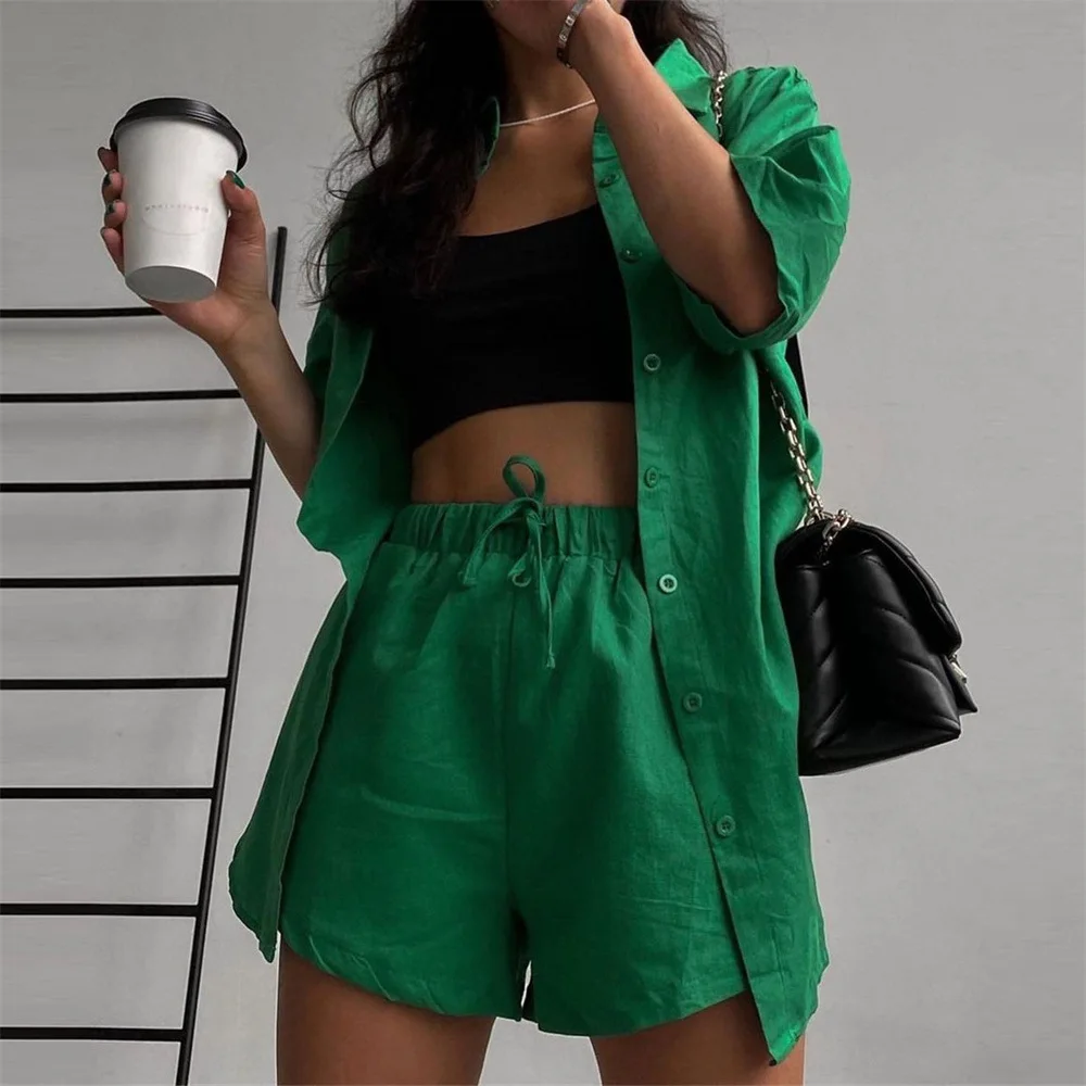 Loose Casual Cotton Button Turn Down Collar Short Sleeve Top High Waist Shorts Suits Summer Shirts Women Clothes Two Pieces Sets