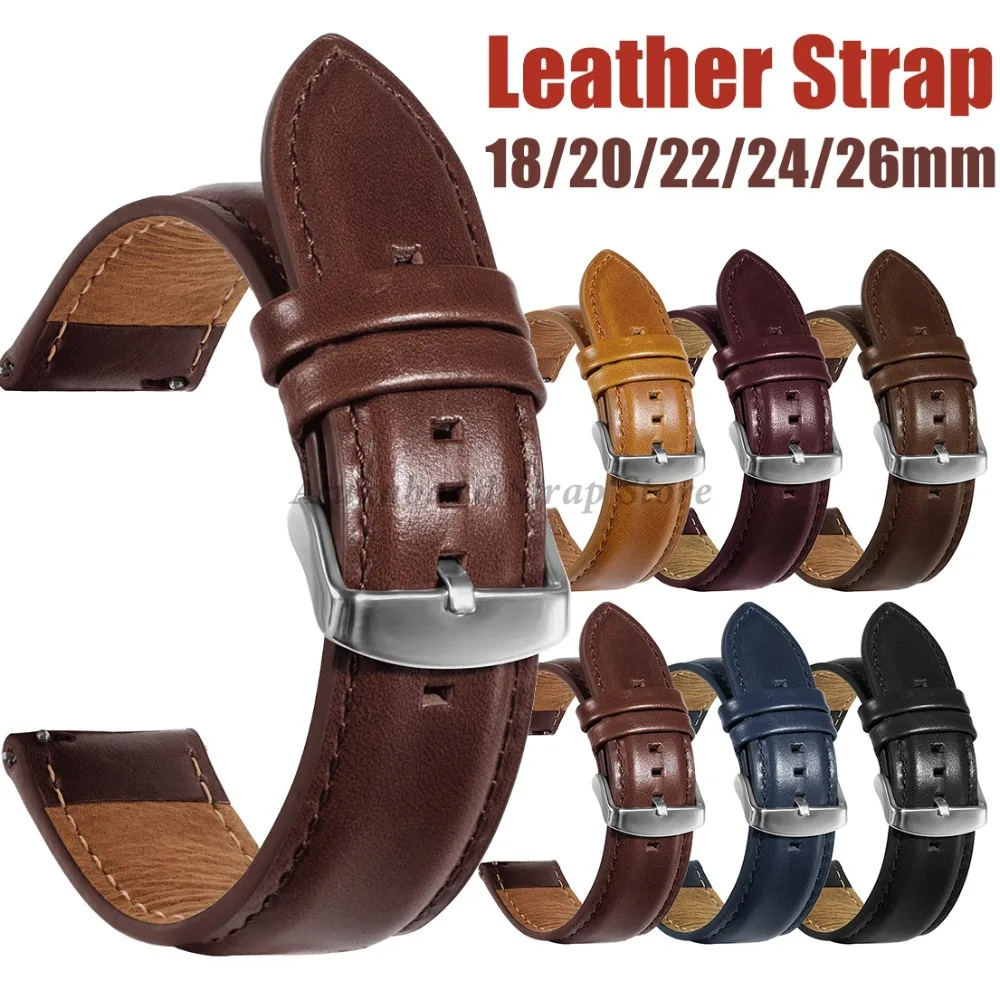 Genuine Leather Watch Strap 18mm 20mm 22mm 24mm 26mm Vintage Cowhide WatchBand Bracelet Men Women Universal Smartwatch Wristband