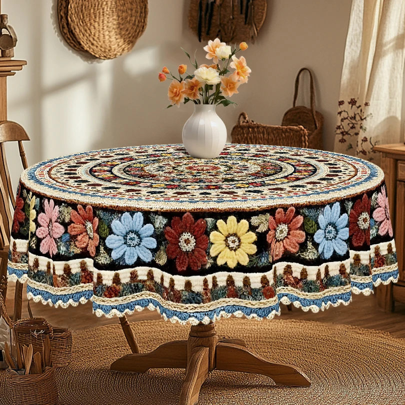 1 Piece of Bohemian Style Printed Round and Rectangular Tablecloth, Available in Various Sizes, with Intricate Geometric Patterns and Colorful Floral Designs Interwoven, a Warm Brown Background Color That Highlights Vibrant Flower Clusters, and a Printed Tablecloth with Contrasting Blue, Pink, and Yellow Petals Arranged in a Staggered Pattern, with Embossed Edges, Suitable for Home Dining Tables, Patio Gardens, and as a Vintage Atmosphere Decoration, Spring and Summer Home Decor